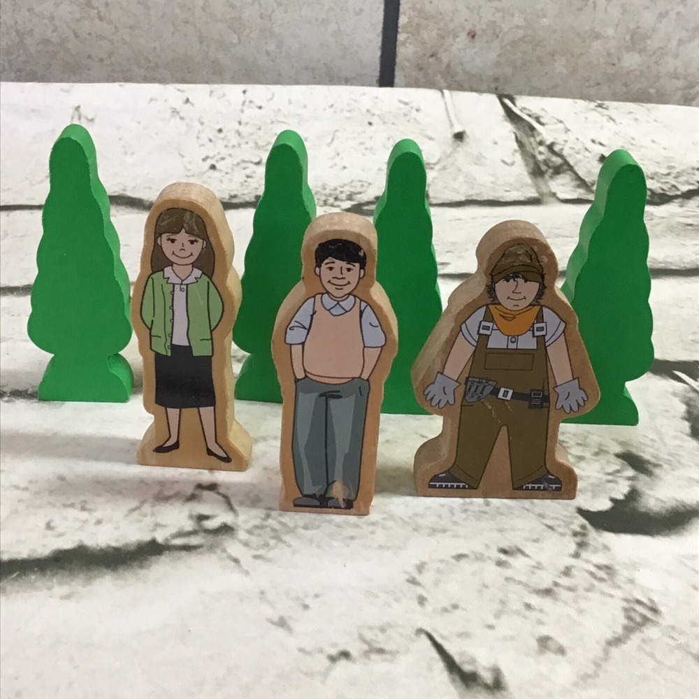Wooden People Towns Folk Logger Plus Green Trees Lot Of 7 Pieces